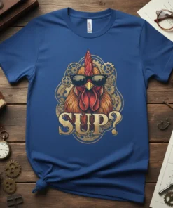 SUP? text on a blue t-shirt with a steampunk rooster wearing sunglasses and gears graphic