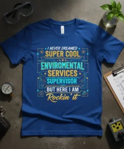 Blue t-shirt with the quote "I NEVER DREAMED SUPER COOL ENVIROMENTAL SERVICES SUPERVISOR BUT HERE I AM Rockin' it" in