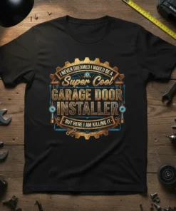 T-shirt with the full quote "I NEVER DREAMED I WOULD BE A Super Cool GARAGE DOOR INSTALLER BUT HERE I
