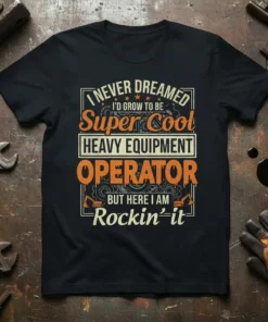 T-shirt design with text "I NEVER DREAMED I'D GROW TO BE Super Cool HEAVY EQUIPMENT OPERATOR BUT HERE I AM