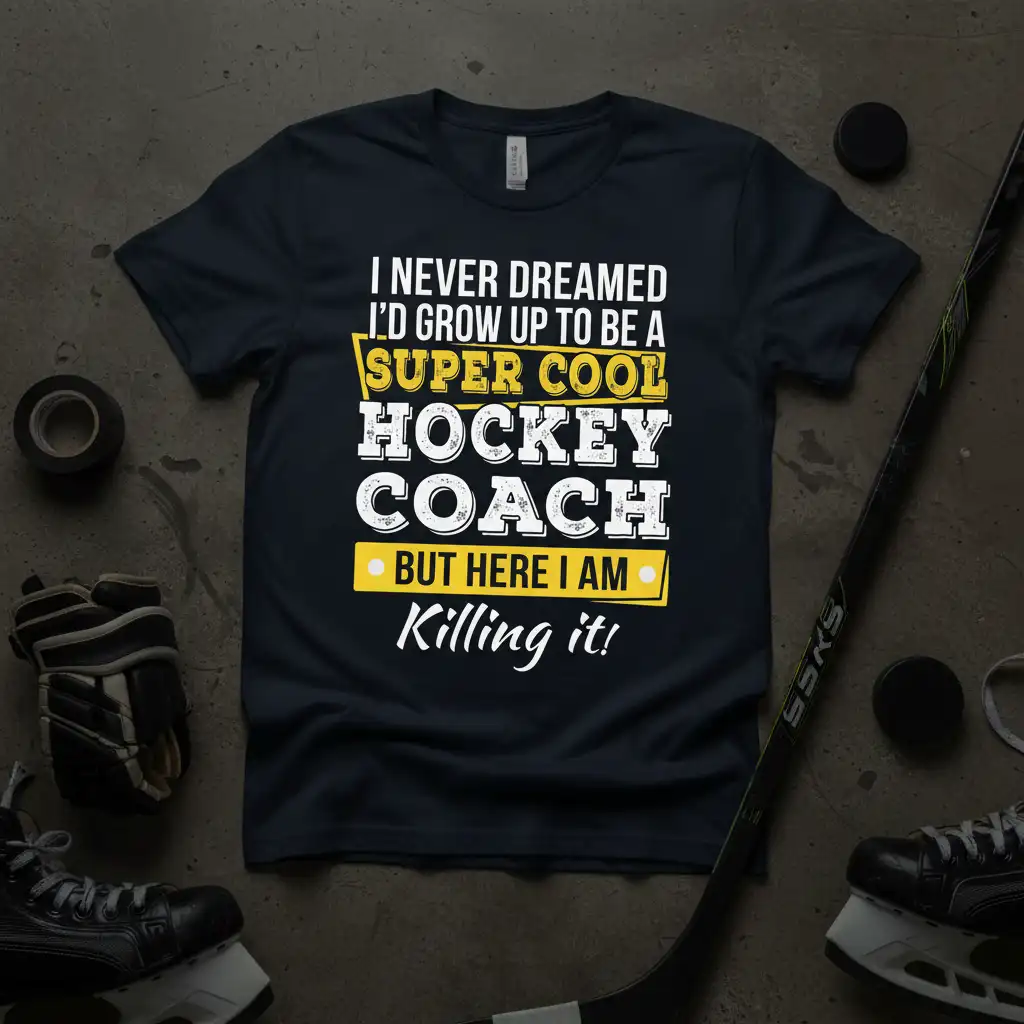 I NEVER DREAMED I'D GROW UP TO BE A SUPER COOL HOCKEY COACH BUT HERE I AM Killing it! bold quote on