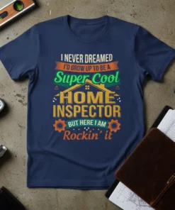 Navy t-shirt with the text "I NEVER DREAMED I'D GROW UP TO BE A Super Cool HOME INSPECTOR BUT HERE