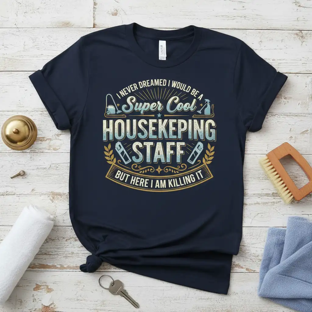 I NEVER DREAMED I WOULD BE A Super Cool HOUSEKEEPING STAFF BUT HERE I AM KILLING IT quote t-shirt with cleaning graphics