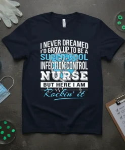 T-shirt with the quote "I Never Dreamed I'd Grow Up To Be A Super Cool Infection Control Nurse But Here