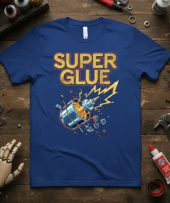 Super Glue text with a graphic of a glue applicator dispensing adhesive, surrounded by gears and sparks, on a blue