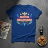 Super Grandma Super-Duper text design on a royal blue t-shirt with colorful starburst graphics