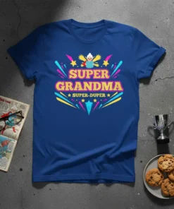 Super Grandma Super-Duper text design on a royal blue t-shirt with colorful starburst graphics