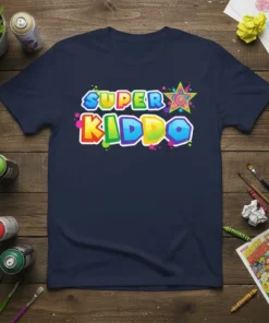 Super Kiddo text design in bold, colorful letters with a star graphic, printed on a navy blue t-shirt