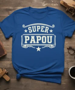Blue t-shirt with white "Super Papou" text and decorative elements