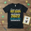 Black t-shirt with "Super proud GREAT GRANDPA of an AWESOME 2022 Kindergarten GRADUATE" text in white, yellow, and blue