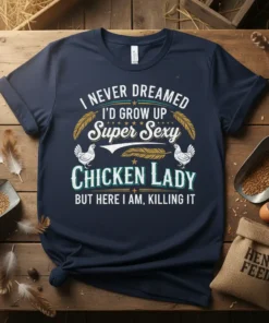 T-shirt with "I NEVER DREAMED I'D GROW UP Super Sexy CHICKEN LADY BUT HERE I AM, KILLING IT" text and
