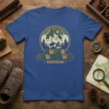 Super Squatchio Adventure Awaits t-shirt featuring a cartoon Bigfoot hiking in mountains with vintage style text