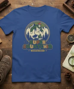 Super Squatchio Adventure Awaits t-shirt featuring a cartoon Bigfoot hiking in mountains with vintage style text