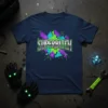SUPERBITCH text design with green, purple, and blue geometric shattered background on a navy t-shirt