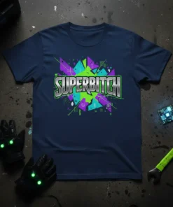 SUPERBITCH text design with green, purple, and blue geometric shattered background on a navy t-shirt