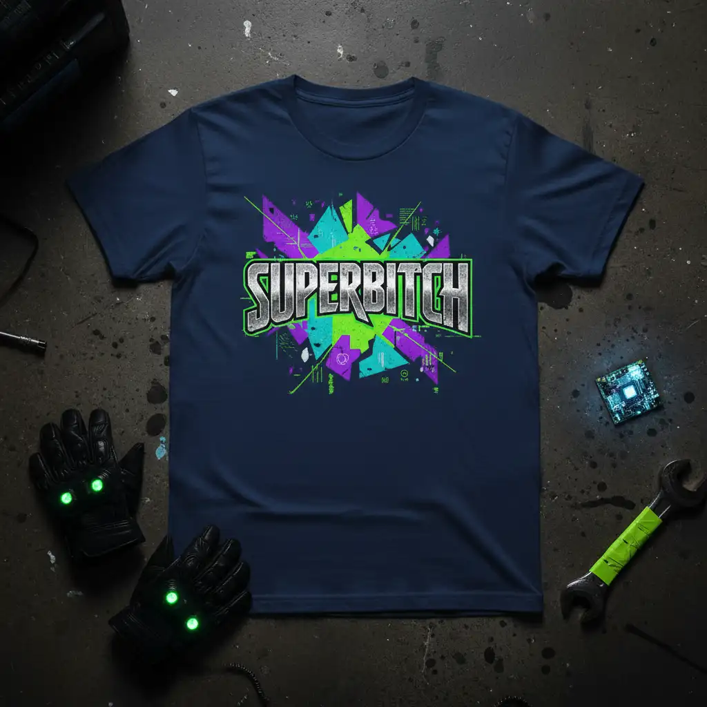 Bold SUPERBITCH text design with a vibrant shattered geometric background in purple, green, and blue on a navy tee