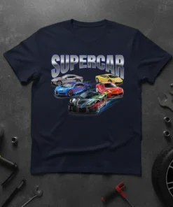 Supercar graphic t-shirt featuring a collection of luxury sports cars and the word SUPERCAR in metallic silver text