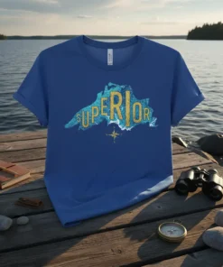 Blue t-shirt with "SUPERIOR" text in gold over a map of Lake Superior, featuring a compass rose graphic