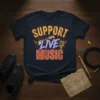 Support Live Music t-shirt with retro graphic design featuring guitar, microphone, and musical notes