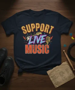 Support Live Music t-shirt with retro graphic design featuring guitar, microphone, and musical notes