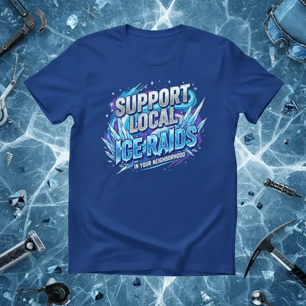 Support Local Ice Raids In Your Neighborhood quote with cool ice graphics on a blue t-shirt