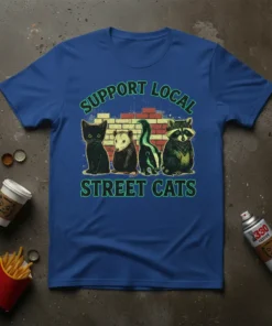 Support Local Street Cats graphic t-shirt featuring a black cat, opossum, skunk, and raccoon