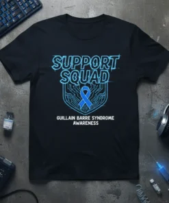 Support Squad Guillain Barre Syndrome Awareness t-shirt design featuring a blue ribbon and shield graphic