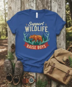 Support Wildlife Raise Boys t-shirt with a geometric bear, antlers, and forest graphic