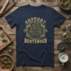 Support Your Local Budtender quote with cannabis bud graphic on navy blue t-shirt