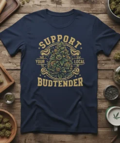 Support Your Local Budtender quote with cannabis bud graphic on navy blue t-shirt