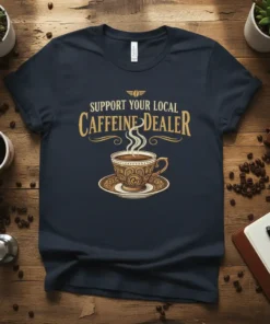 Support Your Local Caffeine Dealer quote with steaming coffee cup graphic on a navy t-shirt