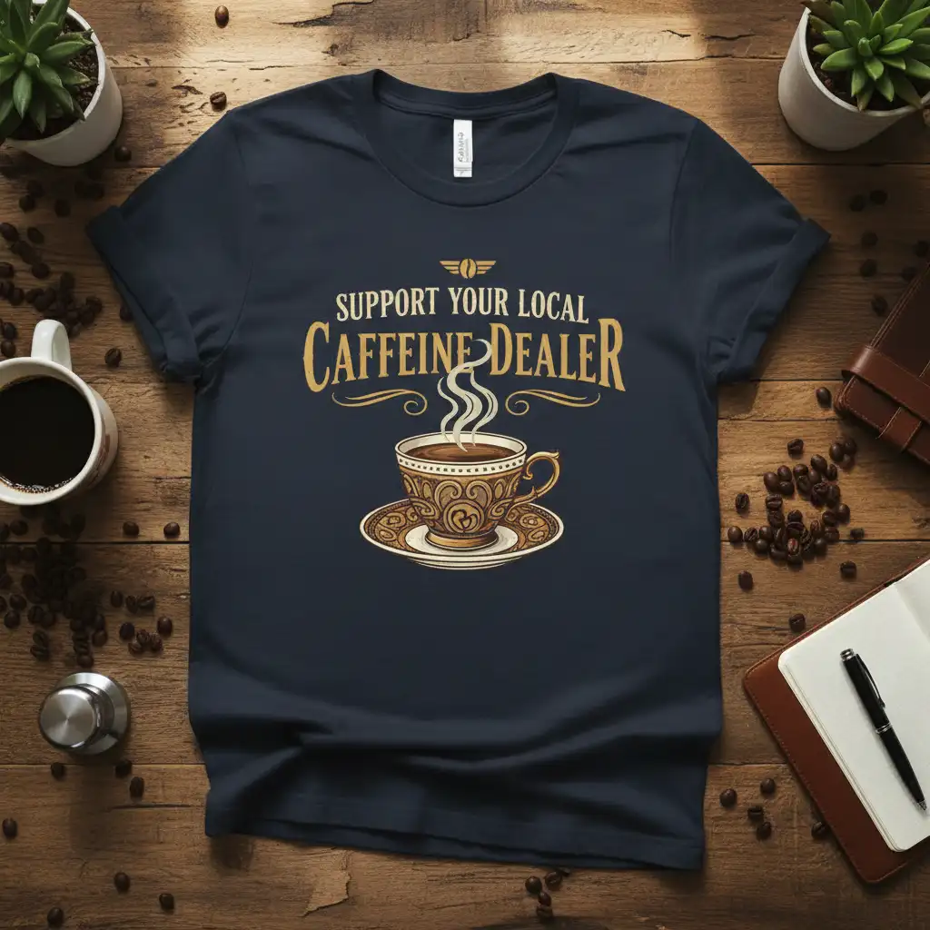 Support Your Local Caffeine Dealer quote in vintage font with a steaming coffee cup design on a dark t-shirt