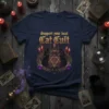Support Your Local Cat Cult t-shirt design featuring black cats, pentagram, candles, and skull graphic