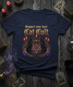 Support Your Local Cat Cult t-shirt design featuring black cats, pentagram, candles, and skull graphic