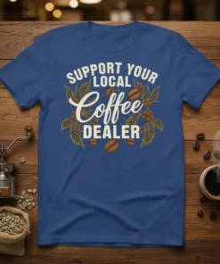 Support Your Local Coffee Dealer t-shirt design with coffee beans and leaves graphic