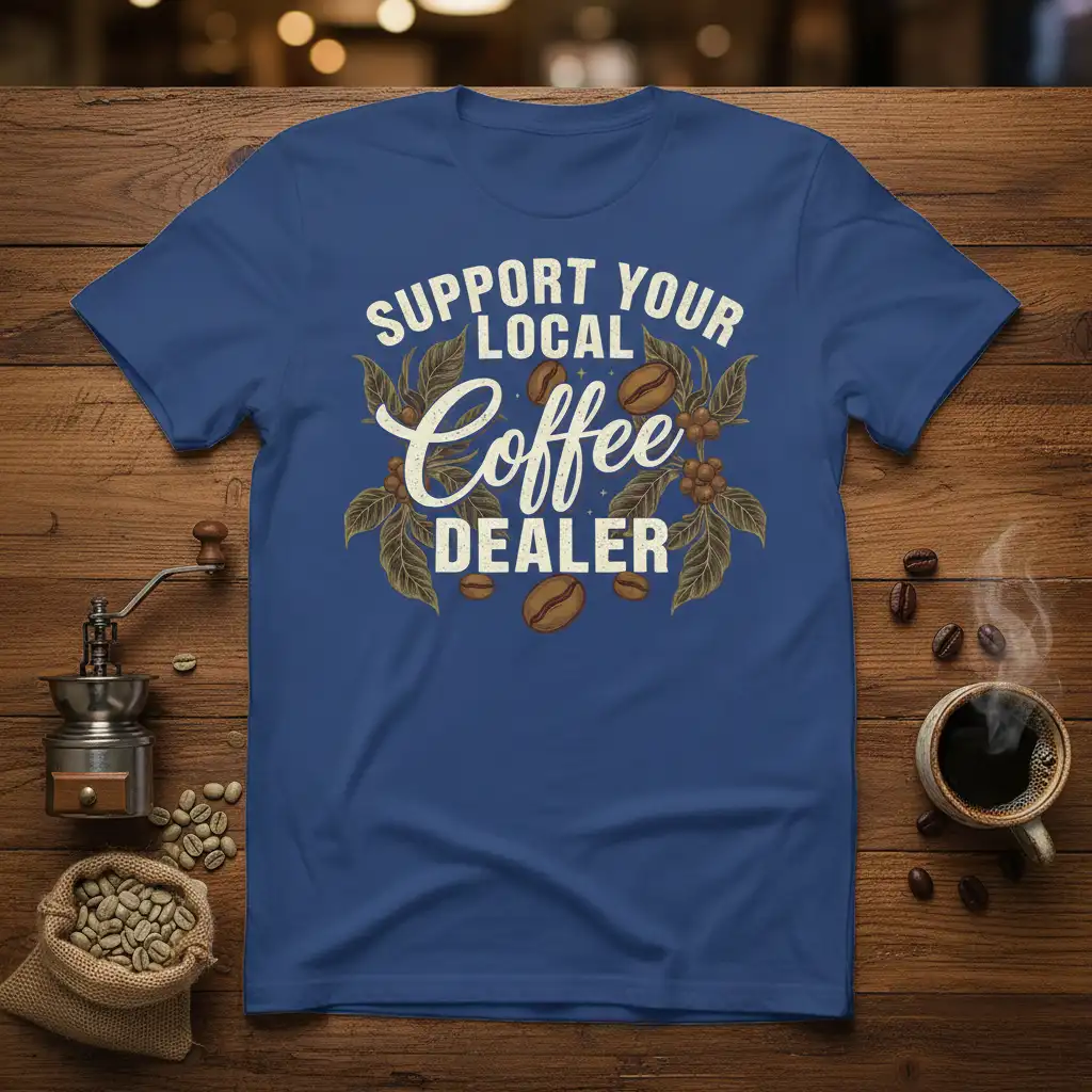 Support Your Local Coffee Dealer quote on a t-shirt with coffee bean and leaf graphics