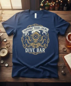 Support Your Local Dive Bar t-shirt with vintage diving helmet and tentacles graphic