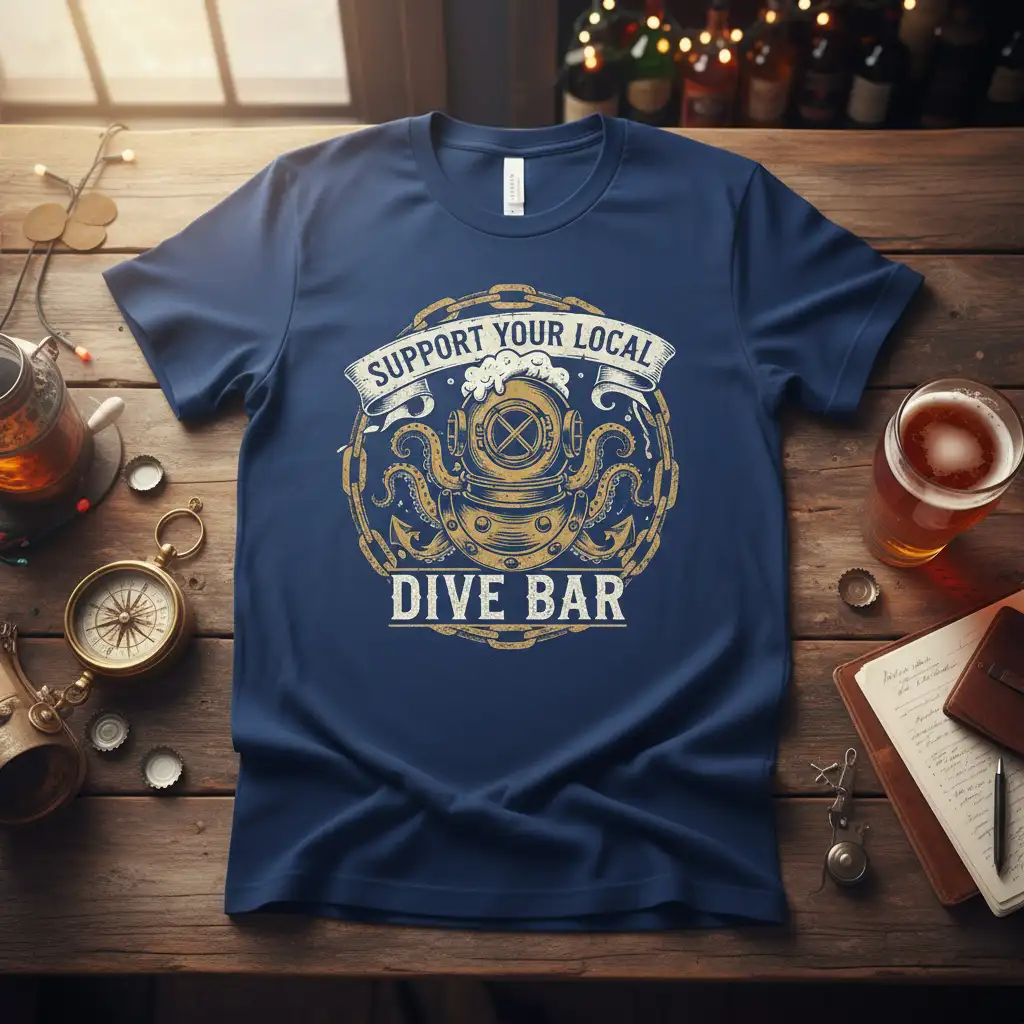 Support Your Local Dive Bar t-shirt design with vintage diving helmet and kraken tentacles graphic