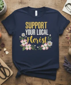 Support Your Local Florist t-shirt with floral design, featuring yellow and white text and pink and white flowers