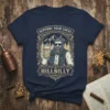 Support Your Local Hillbilly t-shirt design featuring a bearded man holding a mason jar of moonshine with mountains in the