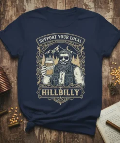 Support Your Local Hillbilly t-shirt design featuring a bearded man holding a mason jar of moonshine with mountains in the