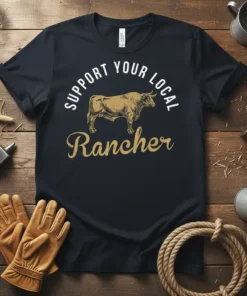 Support Your Local Rancher t-shirt design with bull graphic and distressed typography