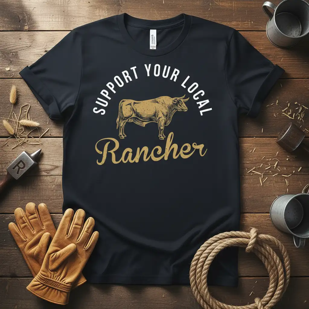 Support Your Local Rancher text and bull graphic on a black t-shirt