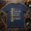 Supportive Trustworthy Engaging Patient Devoted Attentive Dependable T-Shirt design with large gold letters spelling DAD and corresponding positive attributes