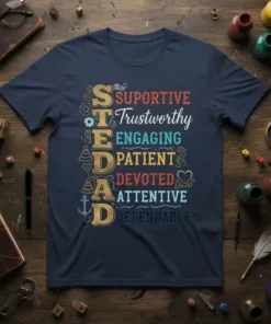 Supportive Trustworthy Engaging Patient Devoted Attentive Dependable T-Shirt design with large gold letters spelling DAD and corresponding positive attributes