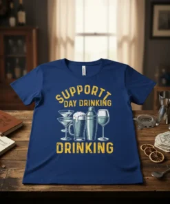 Supportt Day Drinking Drinking t-shirt with cocktail glasses, beer mug, and shaker graphic