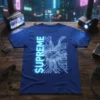 Supreme t-shirt with a glowing blue circuit board design, representing futuristic technology and electronic components