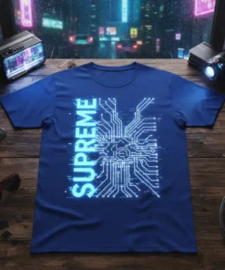 Supreme t-shirt with a glowing blue circuit board design, representing futuristic technology and electronic components