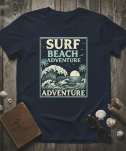 Surf Beach Adventure T-Shirt with shark and wave graphic, featuring palm trees and a sunset