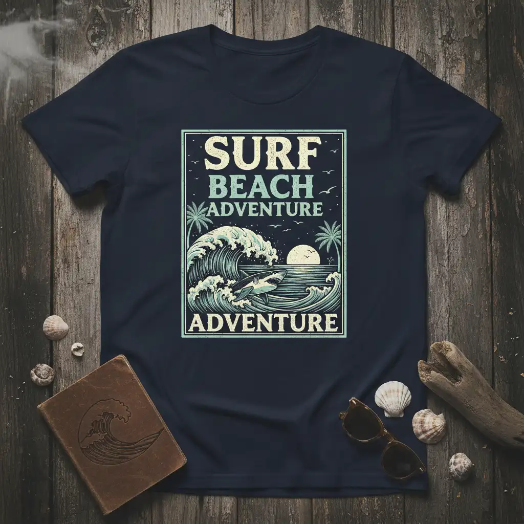 Surf Beach Adventure T-Shirt design featuring a large wave, shark, palm trees, and sunset